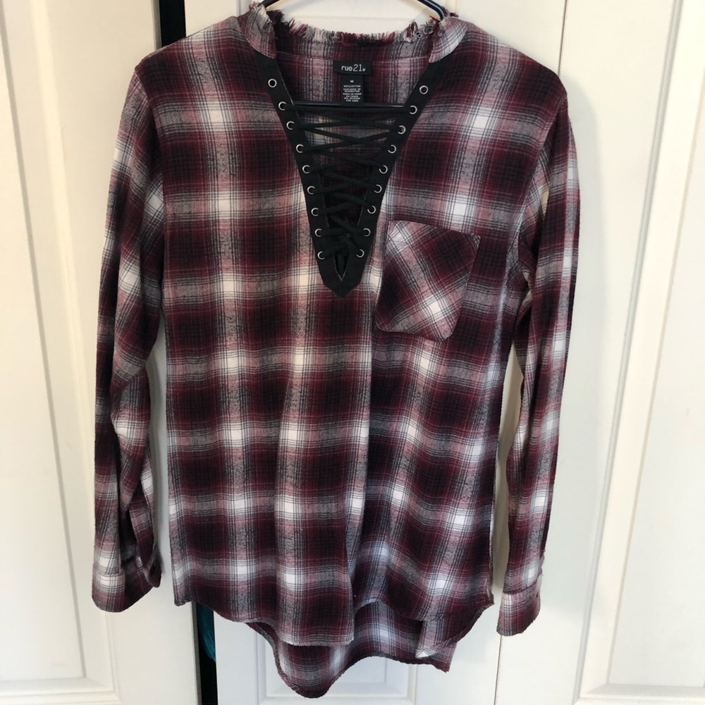 Rue21 red flannel hockey tie up top